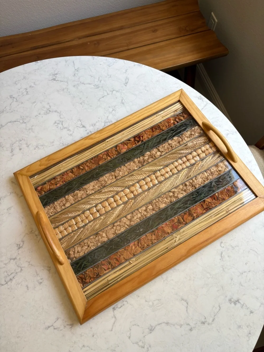 Vintage Natural Wood Serving Tray with Decorative Inlay - Tan